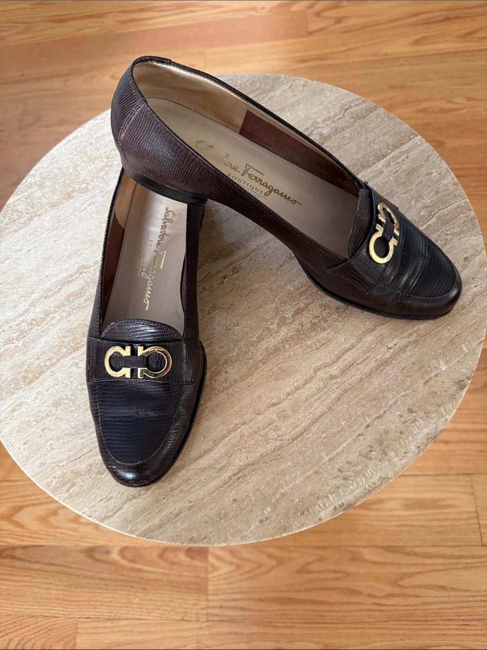 Salvatore Ferragamo Dark Brown Leather Gancini Loafers with Gold Hardware